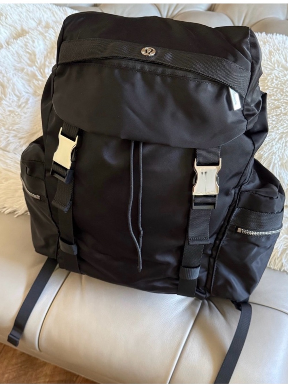 lululemon athletica Black Nylon Roll-Top Backpack with Silver Buckles